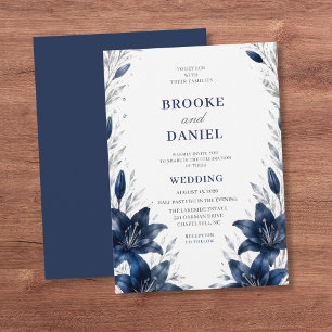 Romantische Navy Lelie Zilveren Botanische Bruilof Kaart