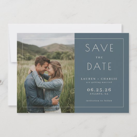 Romantische Navy Minimalistische Foto Save The Date (Voorkant)