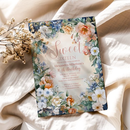 Romantische Navy Pastel Wildflowers Sweet 16 Kaart