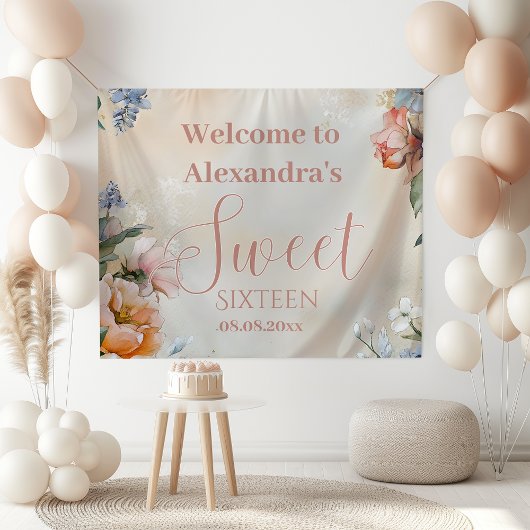 Romantische Navy Pastel Wildflowers Sweet 16 Spandoek