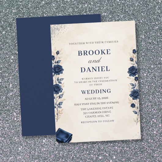 Romantische Navy Roos Stof Rand Glitter Bruiloft Kaart
