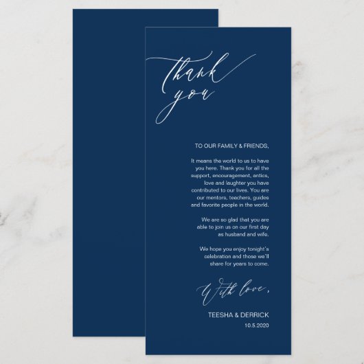 Romantische Navy Script Plaats instelling Dank u k Programmakaart (Voorkant / Achterkant)