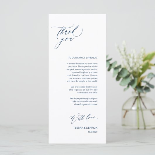 Romantische Navy Script Plaats instelling Dank u k Programmakaart (Staand voorkant)