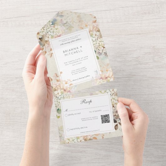 Romantische Neutrale  Hortensia's QR-code All In One Uitnodiging (Afscheurbaar)