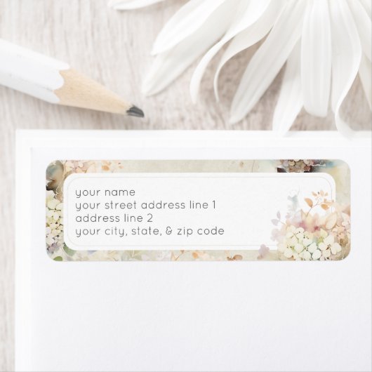 Romantische Neutrale Vintage Hydrangea Bruiloftsbo Etiket (Insitu)