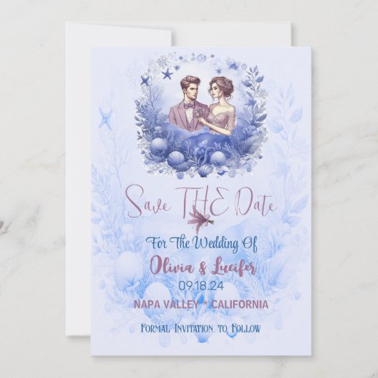 Romantische oceaan blauw marien leven schelpdieren save the date (Voorkant)