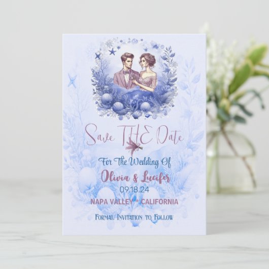 Romantische oceaan blauw marien leven schelpdieren save the date (Staand voorkant)
