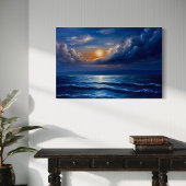 Romantische Oceaan Zonsondergang Schilderij – Blau Canvas Afdruk