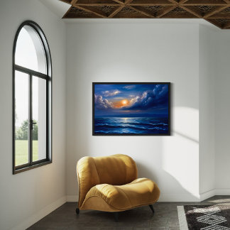 Romantische Oceaan Zonsondergang Schilderij – Blau Canvas Afdruk