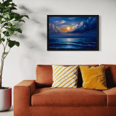 Romantische Oceaan Zonsondergang Schilderij – Blau Canvas Afdruk