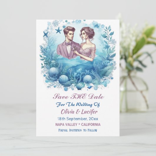 Romantische oceaangolf Paarse blauwe zeesterren sc Save The Date (Staand voorkant)