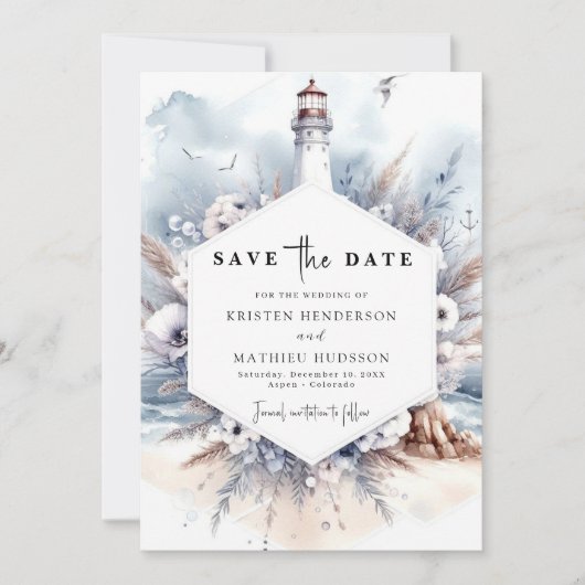 Romantische Oceanische Golven Vuurtoren bruiloft Save The Date (Voorkant)