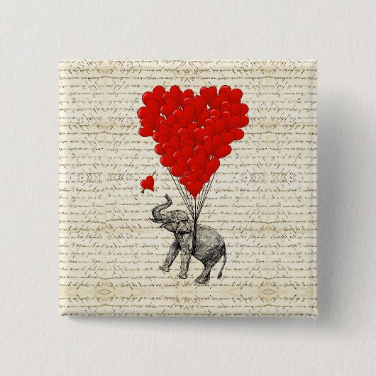 Romantische olifant en hartballonnen vierkante button 5,1 cm (Voorkant)