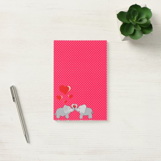 Romantische olifanten en rode harten op pooldots post-it® notes (Kantoor)