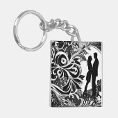 Romantische Omhelzing Wit & Zwart Bloemen Silhouet Sleutelhanger (Voorkant Links)