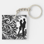 Romantische Omhelzing Wit & Zwart Bloemen Silhouet Sleutelhanger (Achterkant)