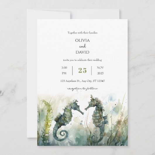 Romantische onderwater zeepaardpaar strand bruilof kaart (Voorkant)