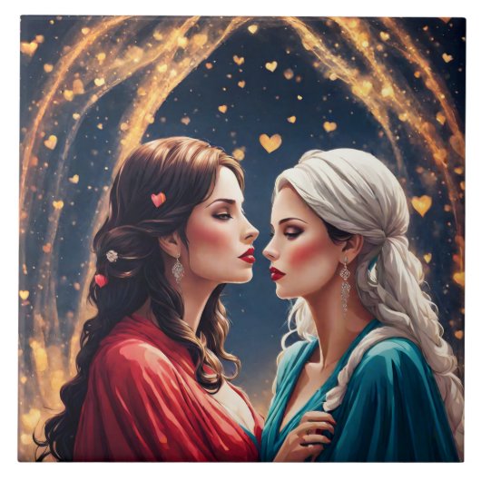 Romantische ontmoeting tussen twee elegante vrouwe tegeltje (Voorkant)