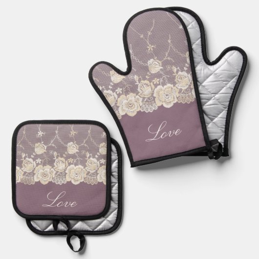 Romantische Orchidee Paarse Bloemen Liefde Ovenwant & Pannenlap Set (Voorkant / Achterkant)