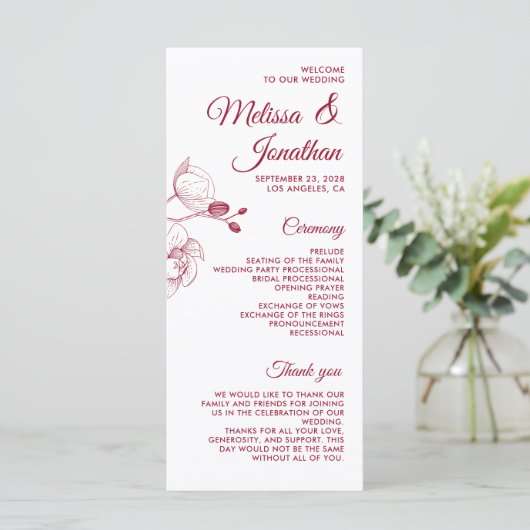 Romantische orchideeën elegant modern trouwprogram menu (Staand voorkant)