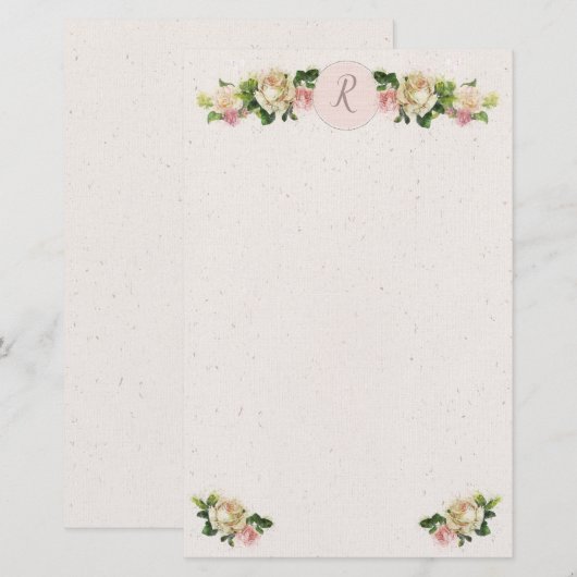 Romantische Oude Rozen Monogram Stationery Briefpapier (Voorkant / Achterkant)