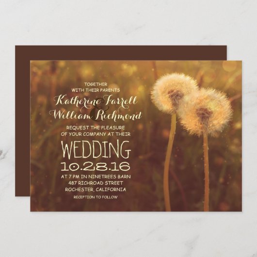 Romantische paardenbloem paar rustieke bruiloft ui kaart (Voorkant / Achterkant)