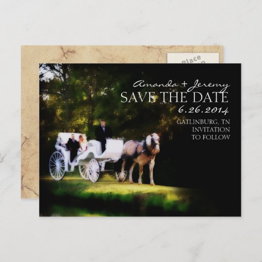Romantische paardenkoets Save the Date Aankondigingskaart (Voorkant / Achterkant)