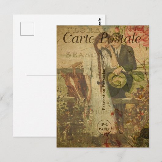 -Romantische paardenroze rozen Frans Briefkaart (Voorkant / Achterkant)