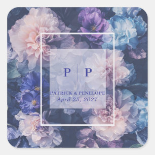 Romantische Paars Blau Bloemige Waterverf Bruiloft Vierkante Sticker