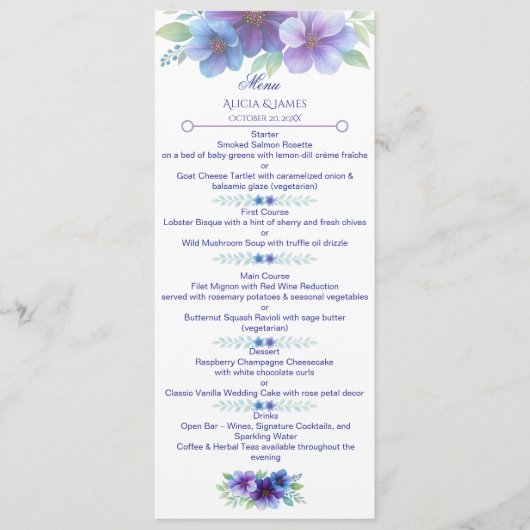 Romantische Paarse Blauwe Botanische Waterverf bru Menu (Voorkant)