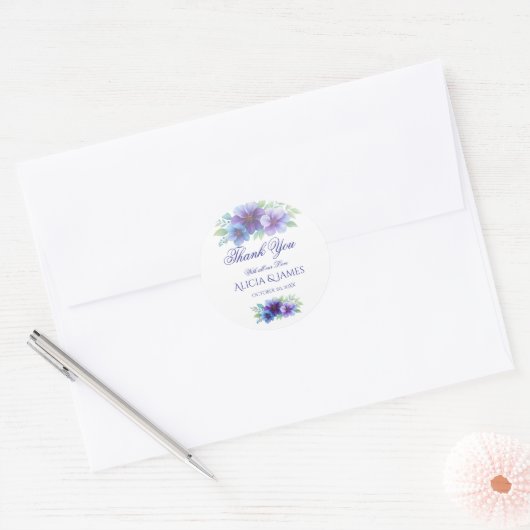 Romantische Paarse Blauwe Botanische Waterverf bru Ronde Sticker (Envelop)