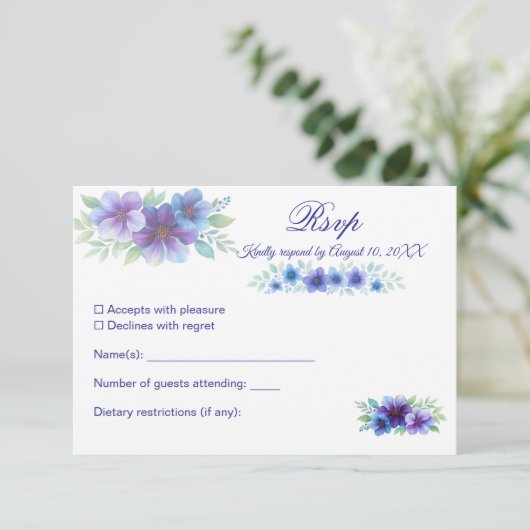 Romantische Paarse Blauwe Botanische Waterverf bru RSVP Kaartje (Staand voorkant)
