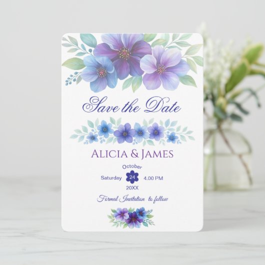 Romantische Paarse Blauwe Botanische Waterverf bru Save The Date (Staand voorkant)