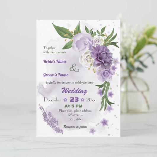 romantische paarse bloemen botanische bruiloft kaart (Staand voorkant)