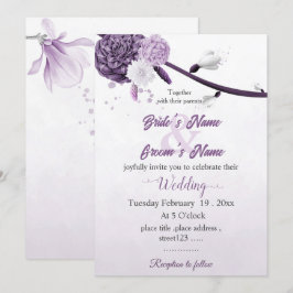 romantische paarse bloemen botanische bruiloft kaart