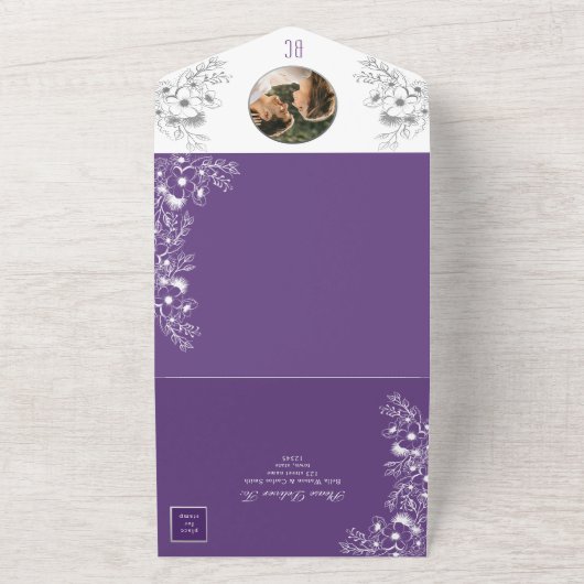 Romantische Paarse bloemen bruiloft All In One Uitnodiging (Buitenkant)