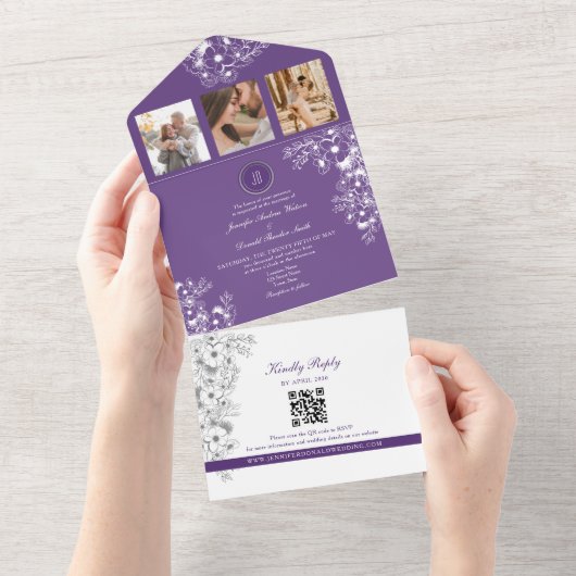 Romantische Paarse bloemen bruiloft All In One Uitnodiging (Afscheurbaar)