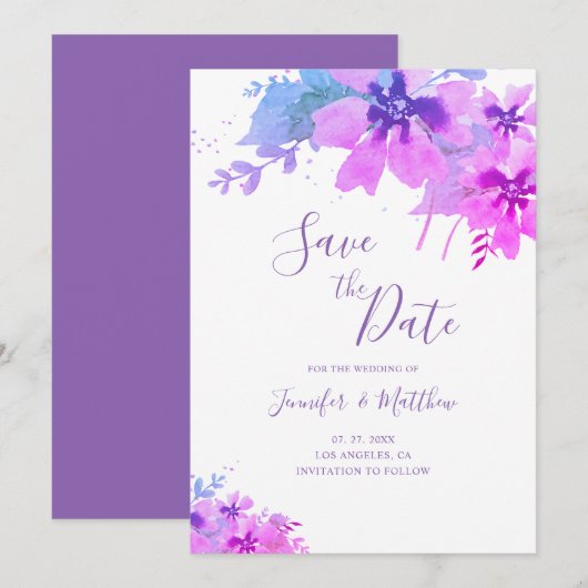 Romantische Paarse Bloemen Bruiloft Save the Date (Voorkant / Achterkant)