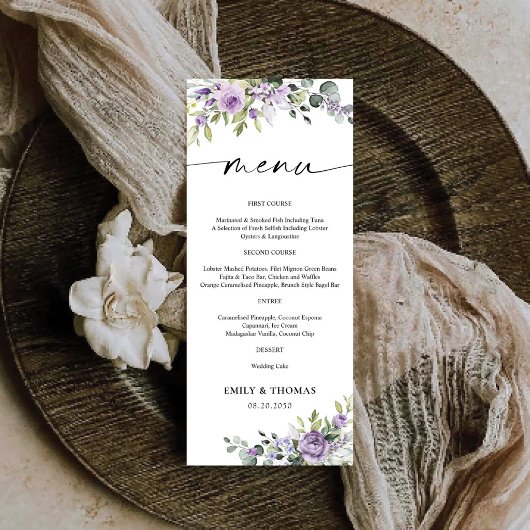 Romantische Paarse Bloemen Bruiloftsmenu Menu