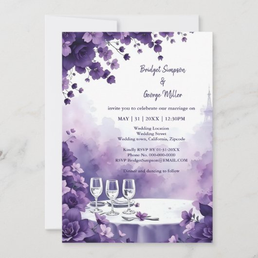 Romantische Paarse Bloemen Eiffeltoren bruiloft Kaart (Voorkant)