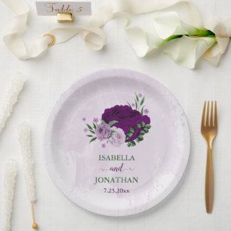 Romantische paarse bloemen groen bruiloft papieren bordje