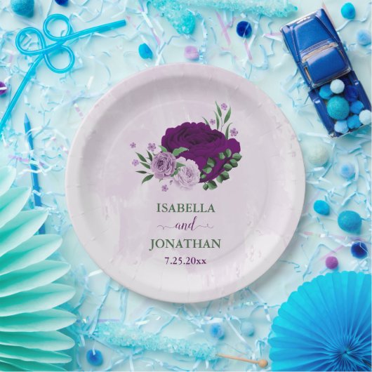 Romantische paarse bloemen groen bruiloft papieren bordje (Feest)