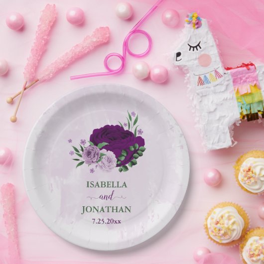 Romantische paarse bloemen groen bruiloft papieren bordje (Feest)