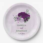 Romantische paarse bloemen groen bruiloft papieren bordje (Voorkant)