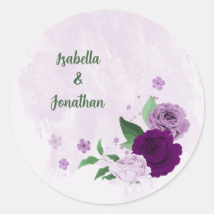 Romantische paarse bloemen groen bruiloft ronde sticker