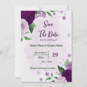 Romantische paarse bloemen groen bruiloft save the date (Voorkant)