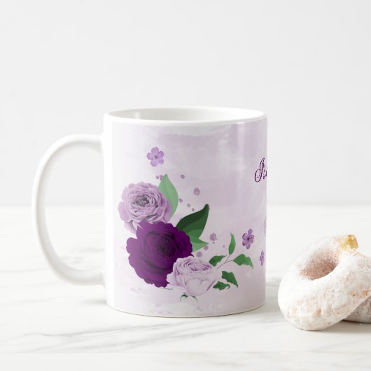 Romantische paarse bloemen groen  koffiemok (Met donut)