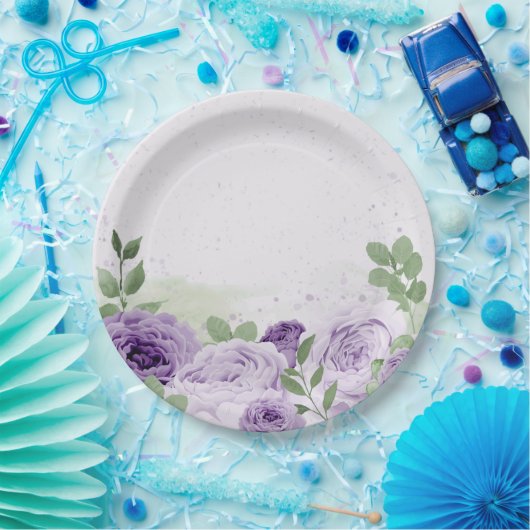 romantische paarse bloemen groene bladeren botanis papieren bordje (Feest)