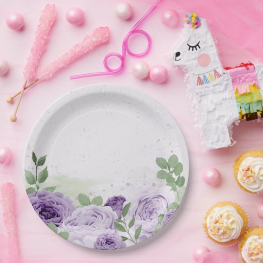 romantische paarse bloemen groene bladeren botanis papieren bordje (Feest)