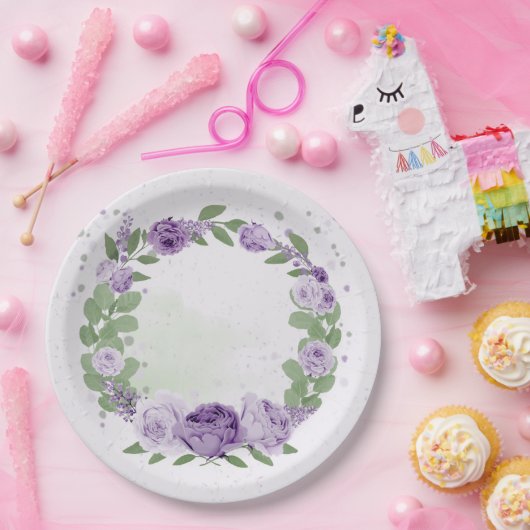 romantische paarse bloemen groene bladeren botanis papieren bordje (Feest)
